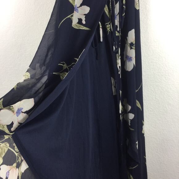 Lulus All Mine Navy Blue Floral Print Ruffle Chiffon Wrap Maxi Dress XS - Picture 9 of 14